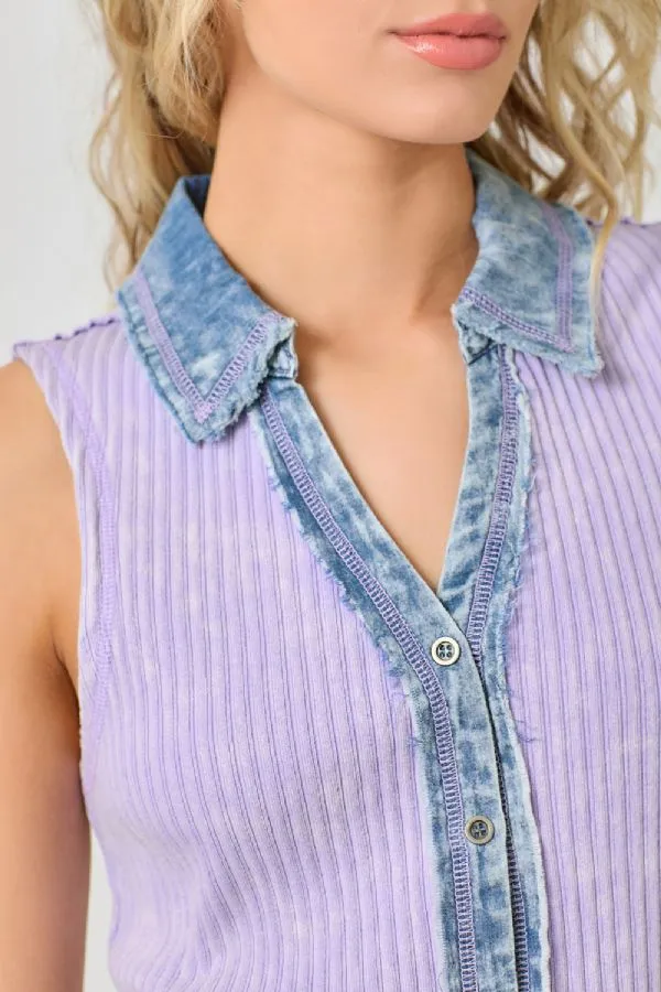 Mystree Washed Thermal Sleeveless Button Down Top  Lavender