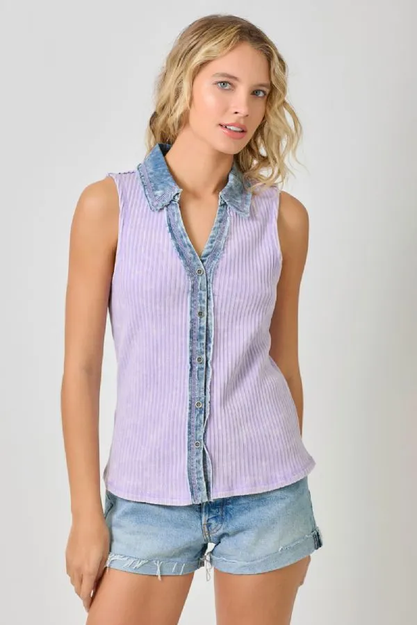Mystree Washed Thermal Sleeveless Button Down Top  Lavender