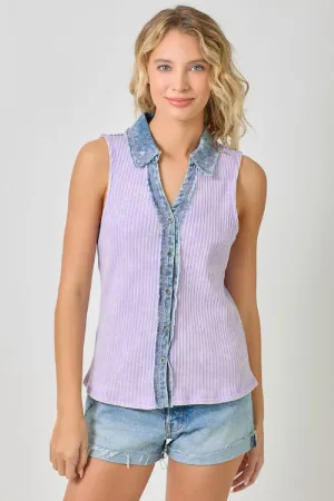 Mystree Washed Thermal Sleeveless Button Down Top  Lavender