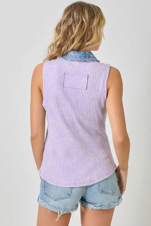 Mystree Washed Thermal Sleeveless Button Down Top  Lavender