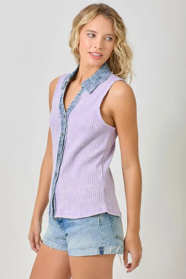 Mystree Washed Thermal Sleeveless Button Down Top  Lavender
