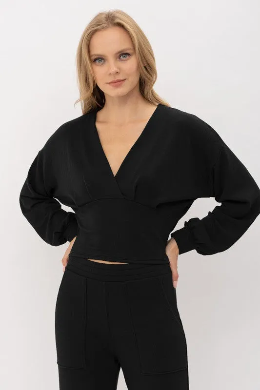 Ribbed Pleated semi crop LS top