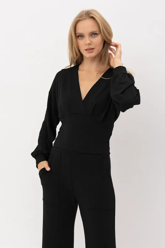 Ribbed Pleated semi crop LS top