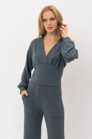 Ribbed Pleated semi crop LS top