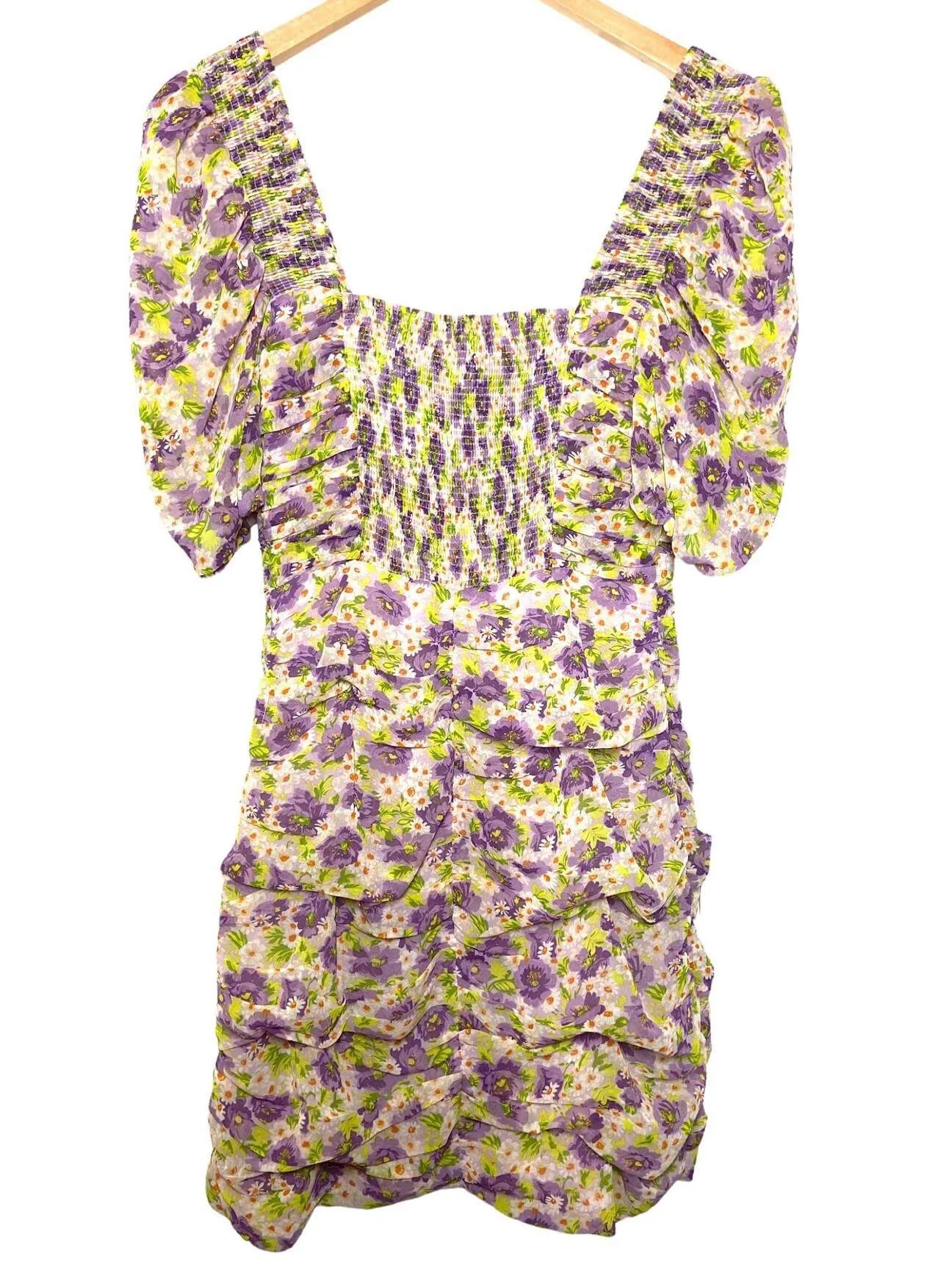 Warm Spring Floral Print Ruched Puff Sleeve Dress