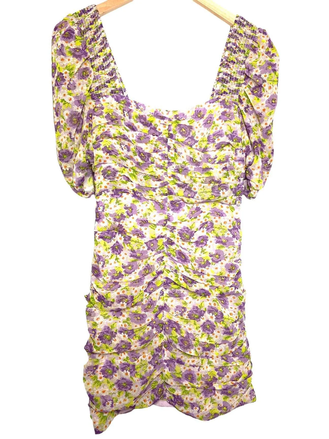 Warm Spring Floral Print Ruched Puff Sleeve Dress